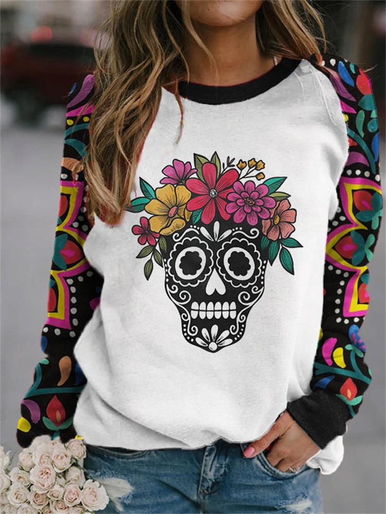Sugar Skull Mexican Flowers Patchwork Sweatshirt
