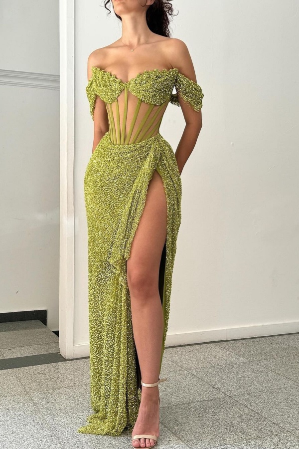 Oknass One Shoulder Sleeveless Long Mermaid Split Prom Dress With Sequins
