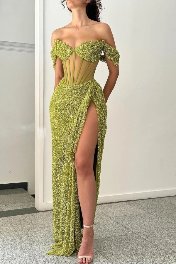 One Shoulder Sleeveless Long Mermaid Split Prom Dress With Sequins ZT0159