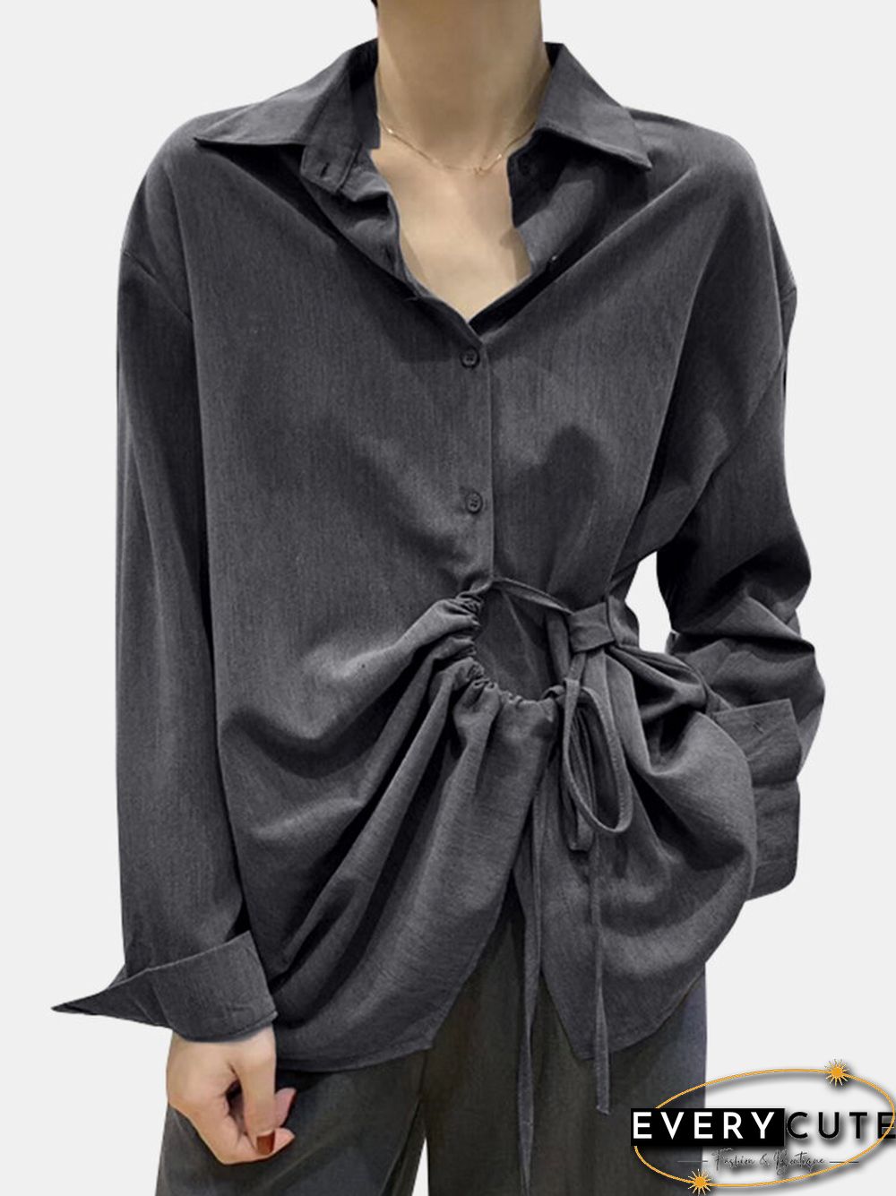 Solid Color Lace Up Turn down Collar Long Sleeve Irregular Shirt P1710631