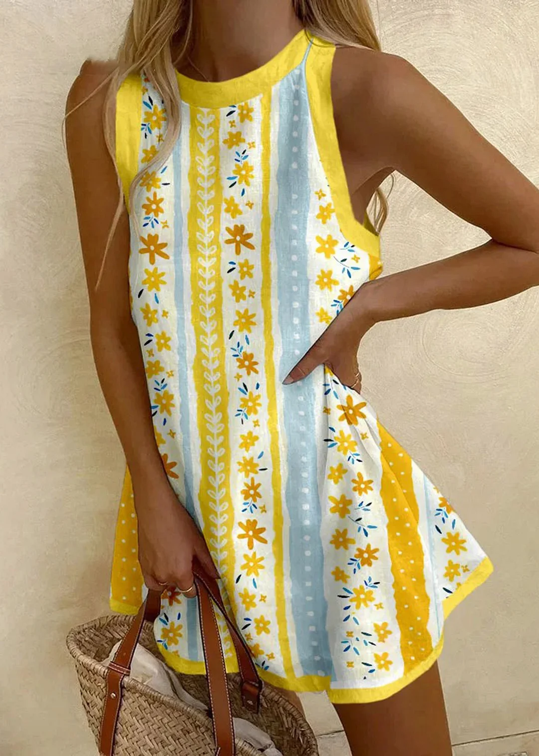 Yellow Floral Print Mini Dress