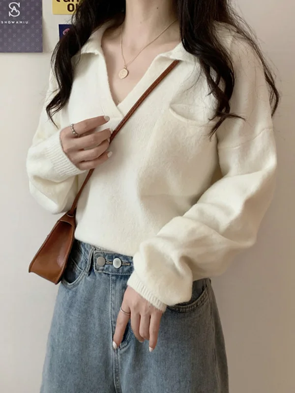 Casual Simple 6 Colors V-Neck Long Sleeves Sweater Top
