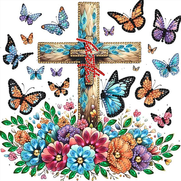 Flower And Butterfly Cross 30*30cm(canvas) Special Shaped Drill Diamond Painting gbfke