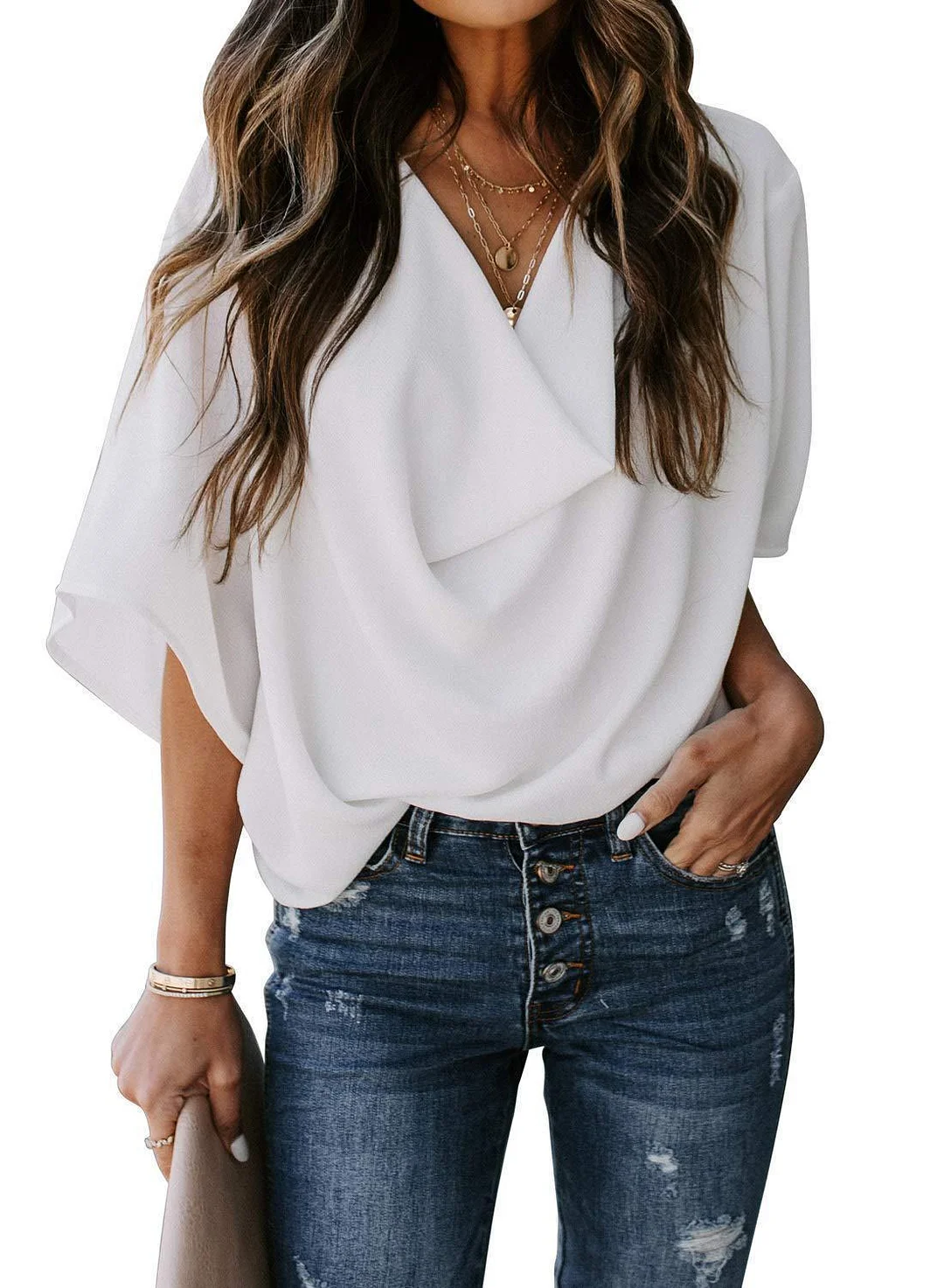 Brownm Summer V-neck Loose Half Sleeve Blouses
