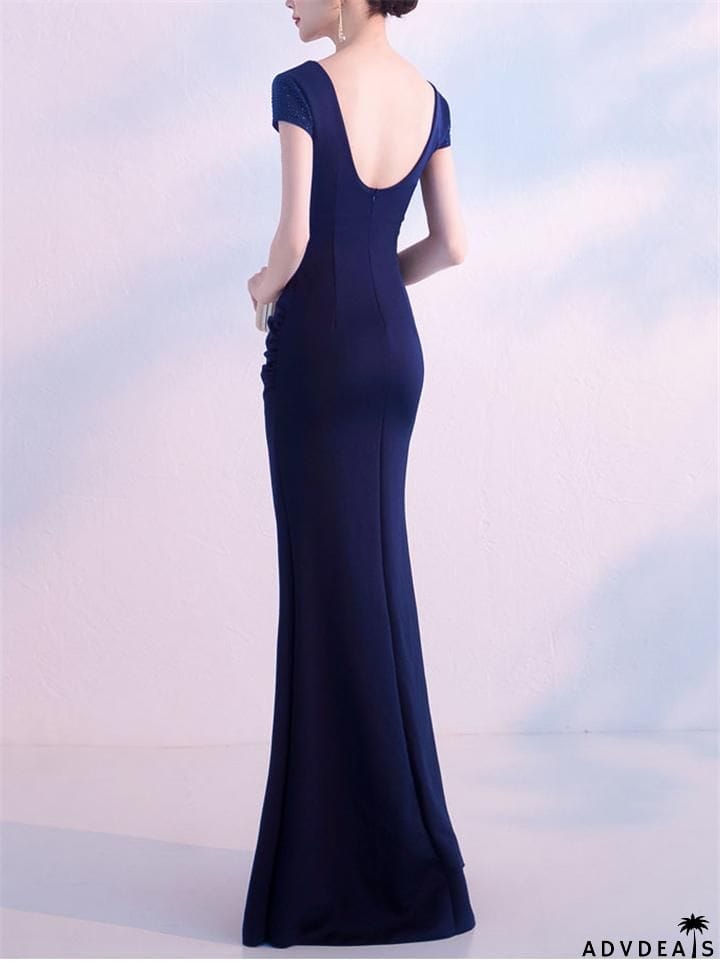 Sexy V Neck Side Slit Beaded Formal Dress for Dinner