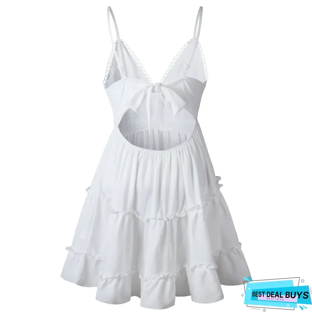 Women Lace Sexy Backless V-Neck Beach Dresses Sleeveless Mini Sundress White Dresses