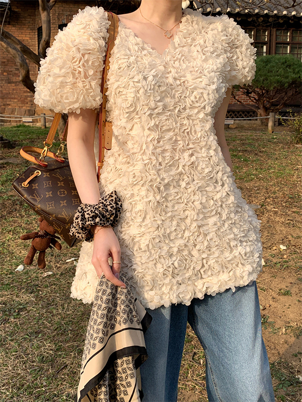 Textured Petal Design Puff Sleeve V Neck Top