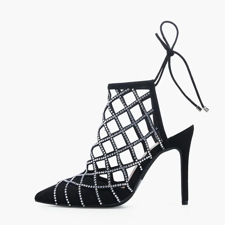 Black Pointy Net Pumps Women's Stiletto Heel Evening Rhinestones Shoes |FSJ Shoes