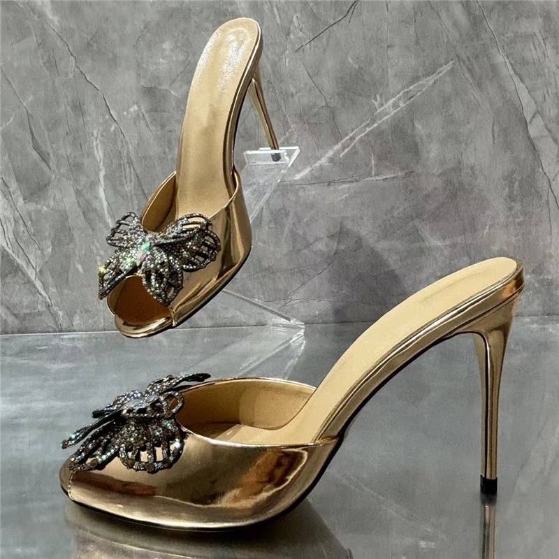 Jeweled Vivid Butterfly-Flower Decor Sandals Women 10cm Stiletto Heel Slingbacks Patent Leather Shoes
