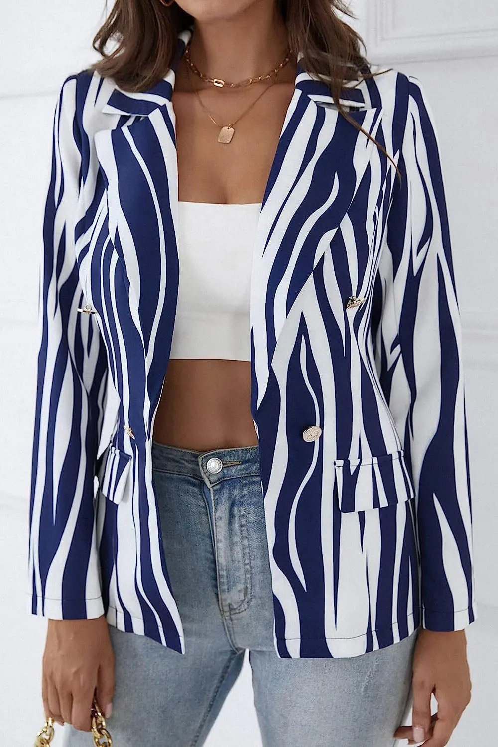 Striped Double-Breasted Blazer with Peak Lapel