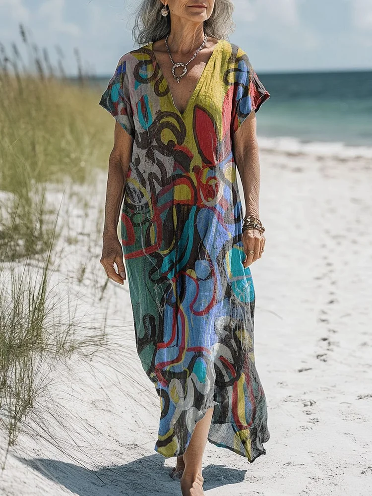 Women's Vintage Colorful Flower Art Print Pocket Cotton Dress