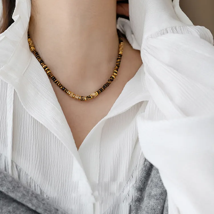 Tigers Eye Worry Stone Necklace | Beaded Clavicle 14K Chain Stacking Set