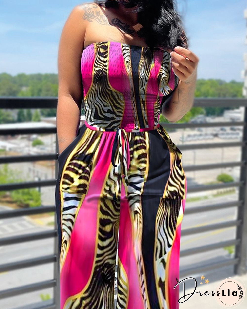 Animal Print Drawstring Waist Shirred Bodice Wide Leg Jumpsuit