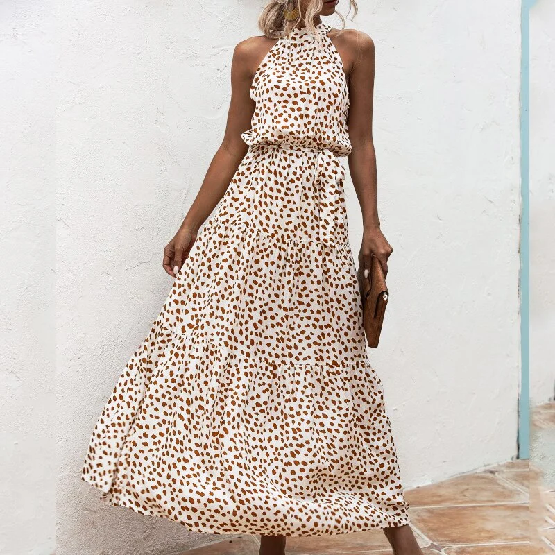 2021 Summer New Elegant Sexy beach long Dress Women Fashion Print Flowers Polka-dot Ladies Halter boho dress women vestidos