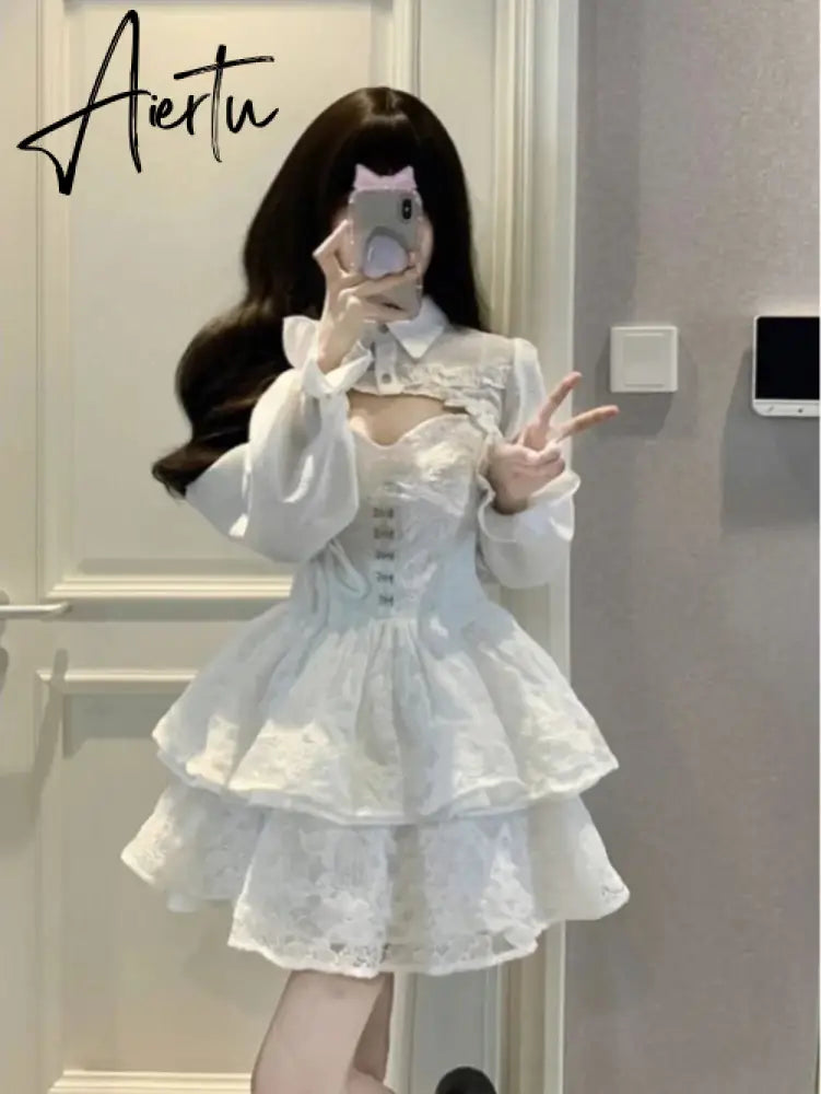 Aiertu Women Two Pieces Sets Crop Overshirt + Spaghetti Strap Lace Dress Y2k Aesthetic Streetwear Korean Style Chic Sexy Autumn Outfits Aiertu