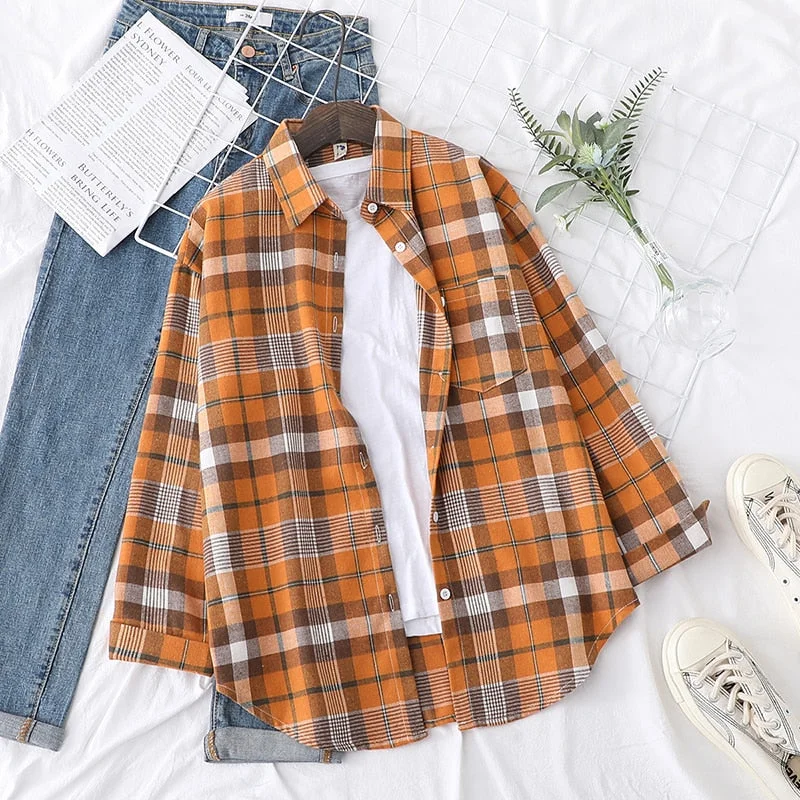 2021 New Fashion Loose Womens Plaid Shirt Fresh College Style Design Blouses And Tops Long Sleeve Casual Female Checked Clothes