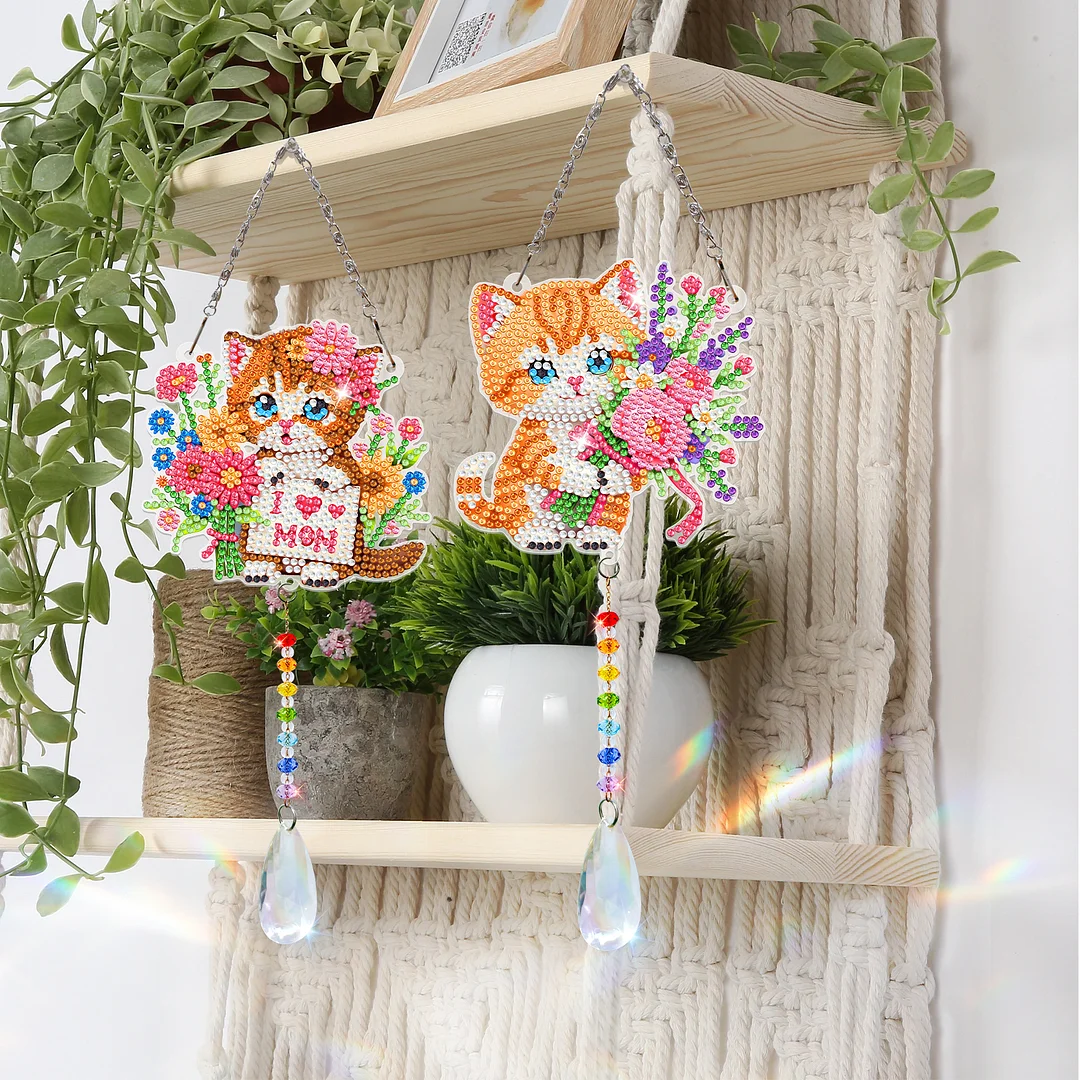 2Pcs Cat DIY Acrylic Diamond Painting Art Wind Chimes with Crystal Pendant Diamond Art Hanging Pendant Double-Sided for Adults Beginners Gift Home Garden Decor