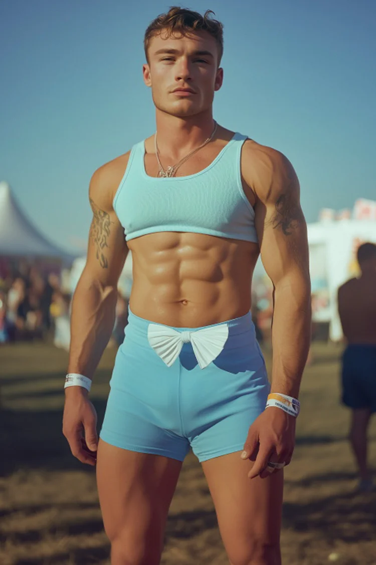 Men's Bow Shorts Crop Tank Top Blue Tight Fit Two Piece Set [Pre-Order]