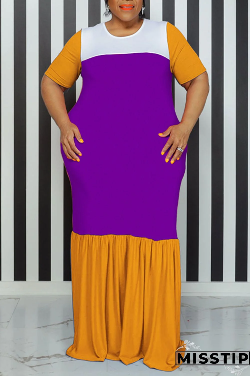 Black Casual Solid Patchwork O Neck Straight Plus Size Dresses