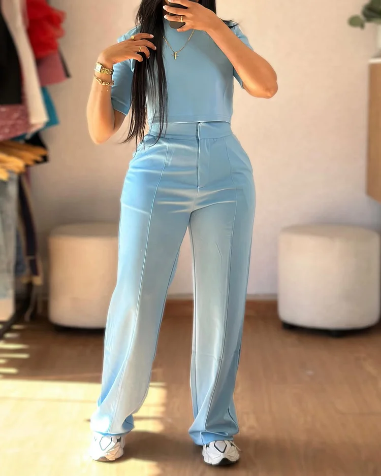 Round Neck Short-sleeved Top and Pants Two-piece Suit