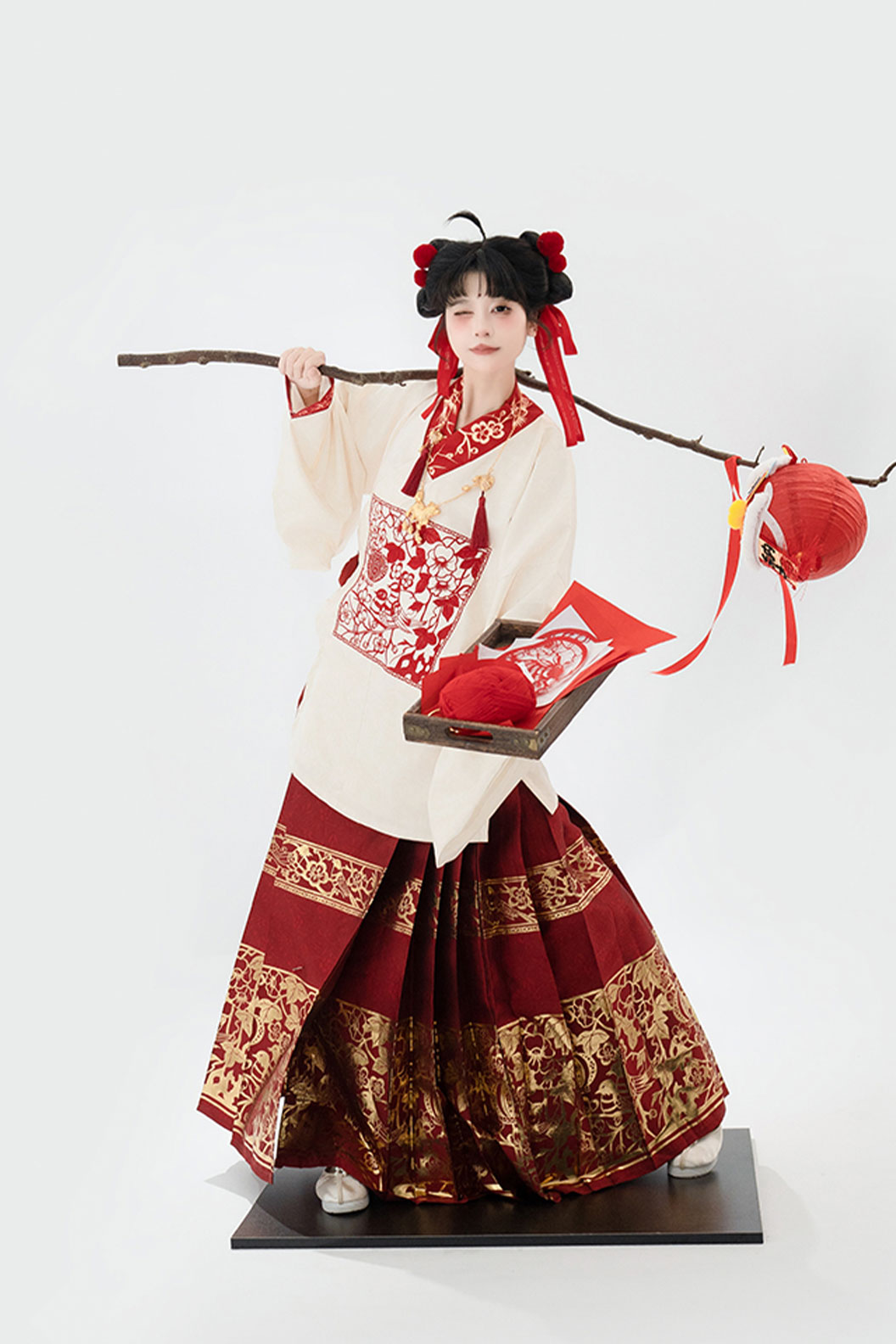Ming Dynasty Red Hanfu Dress with Woven Gold Ma Mian Qun and Supplementary Robe - changle 长乐 Stupa Stones
