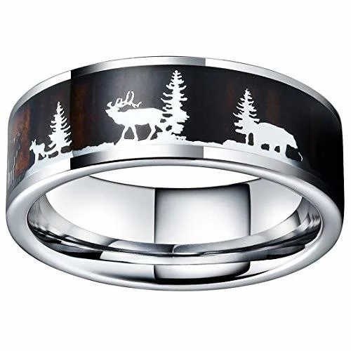 6mm 8mm 10mm Tungsten Men's Hunting Ring Deer Crossing Wedding Band Silver Tungsten Band with Deer Silhouette over Wood. Hunter Wedding Band Comfort Fit Ring