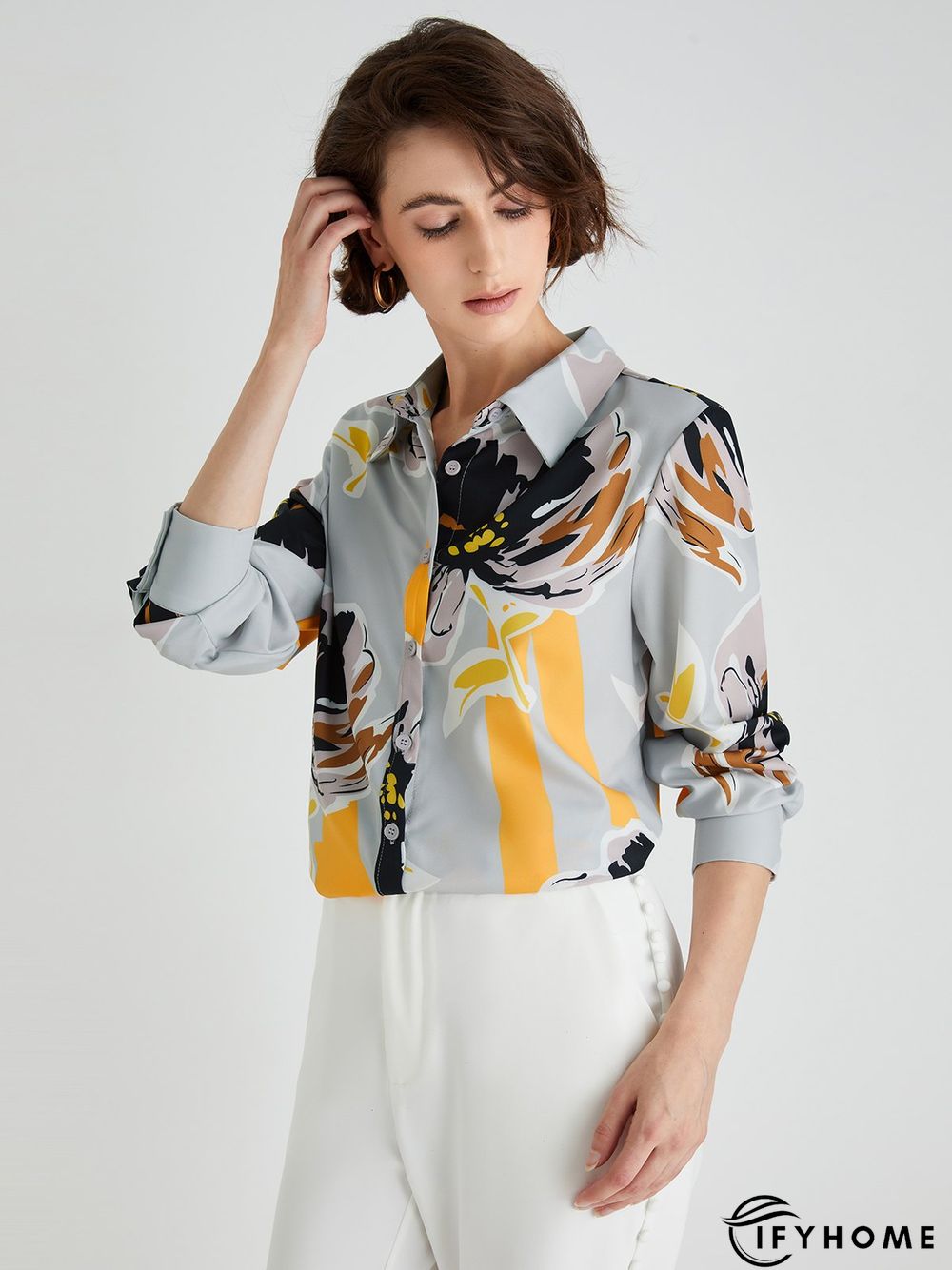 Elegant Floral Shirt Collar Long Sleeve Blouse | IFYHOME