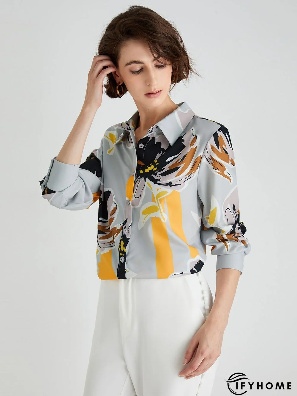 Elegant Floral Shirt Collar Long Sleeve Blouse | IFYHOME