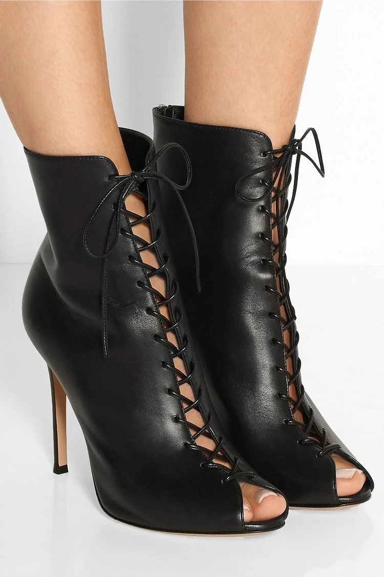 Custom Made Black Lace Up Peep Toe Stiletto Heel Boots for Women Vdcoo