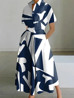 Image of Short Sleeves Printed Lapel Maxi Dresses