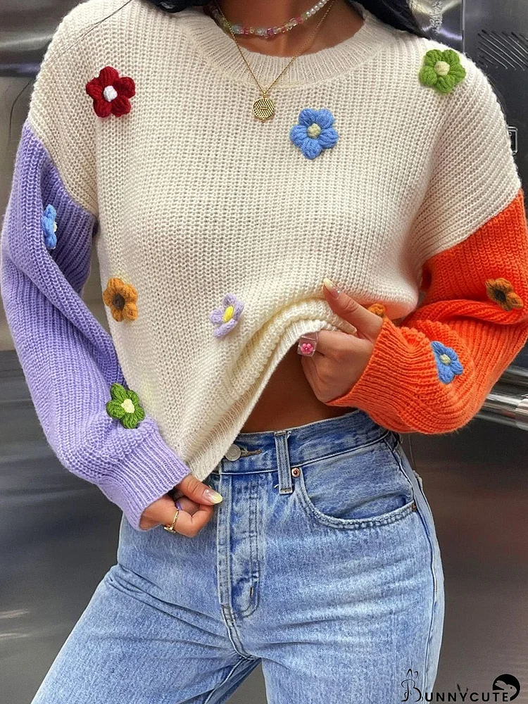 Floral Patchwork Drop Shoulder Knit Sweater with Colorblock Design