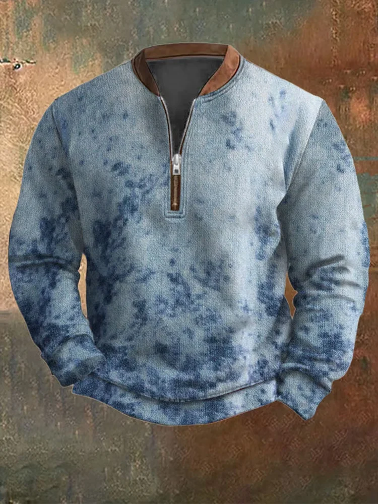 Utbros Men's Knit Texture Tie-Dye Gradient Print Casual Zipper Sweatshirt