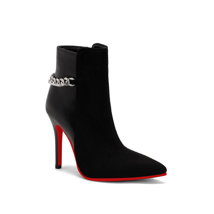 100mm/120mm Women Printed Patchwork Pointed Toe Metal Chains Stiletto Red Bottom Boots-vocosishoes