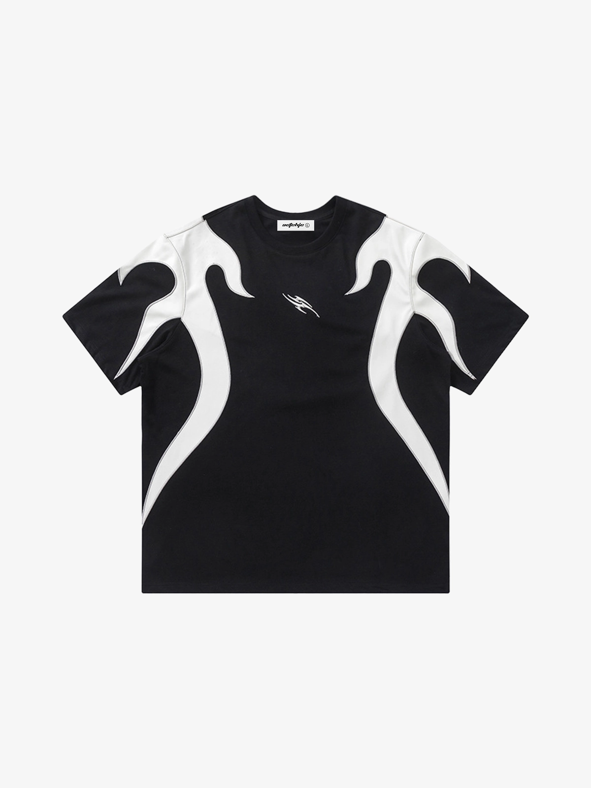 Black Color Block Flame Embroidery Patchwork Tee Front