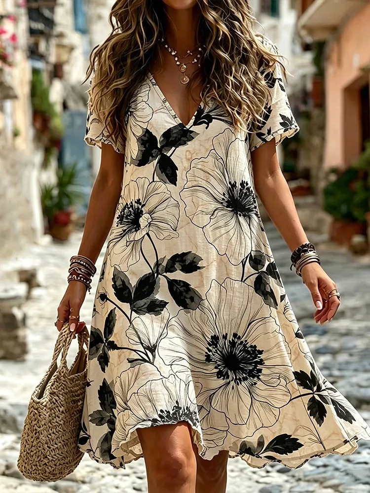 Women's Boho Black Ink Floral Linen Midi Dress, Vintage V Neck Short Sleeve Loose Flowy Sundress