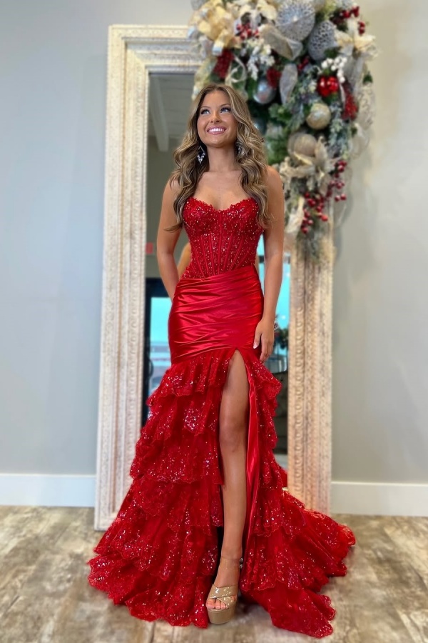 Sequins Red Ruffles Split Strapless Evening Dress | ZT0419