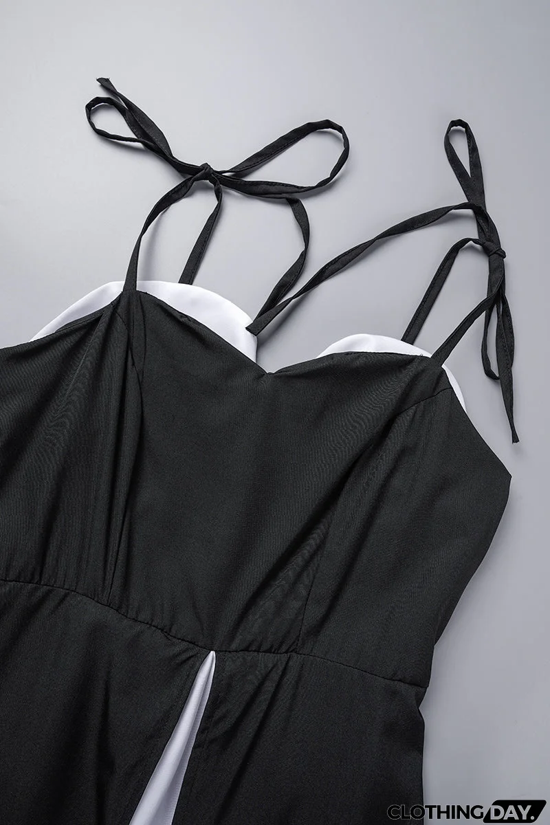 Sexy Casual Patchwork Backless Slit Contrast Spaghetti Strap Sleeveless Dress Dresses