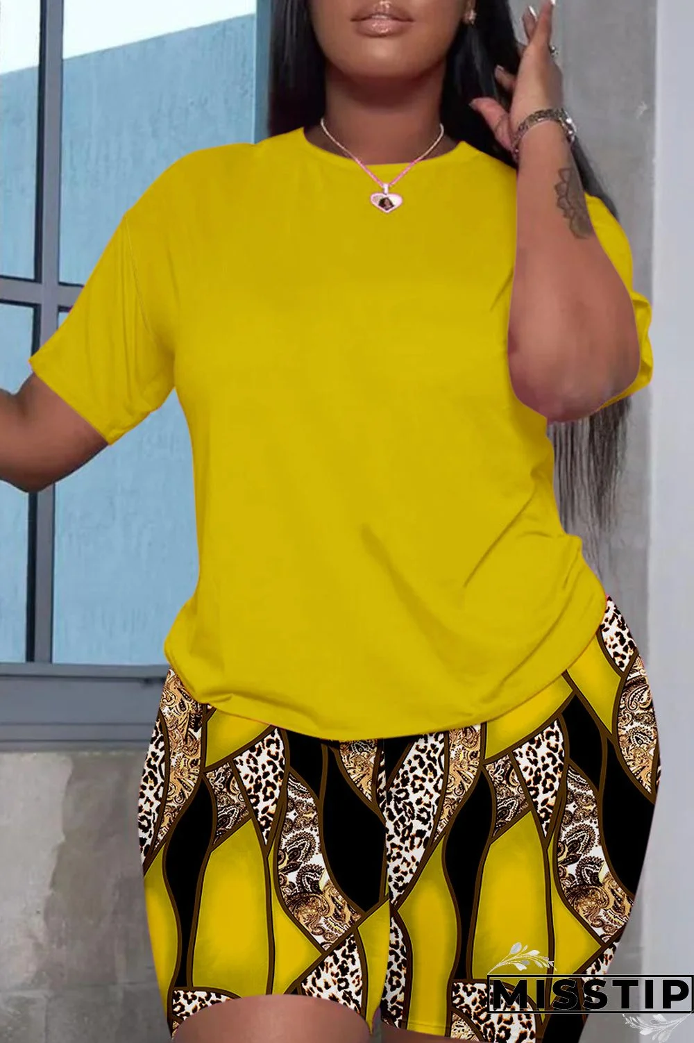 Deep Red Casual Print Basic O Neck Short Sleeve Two Pieces