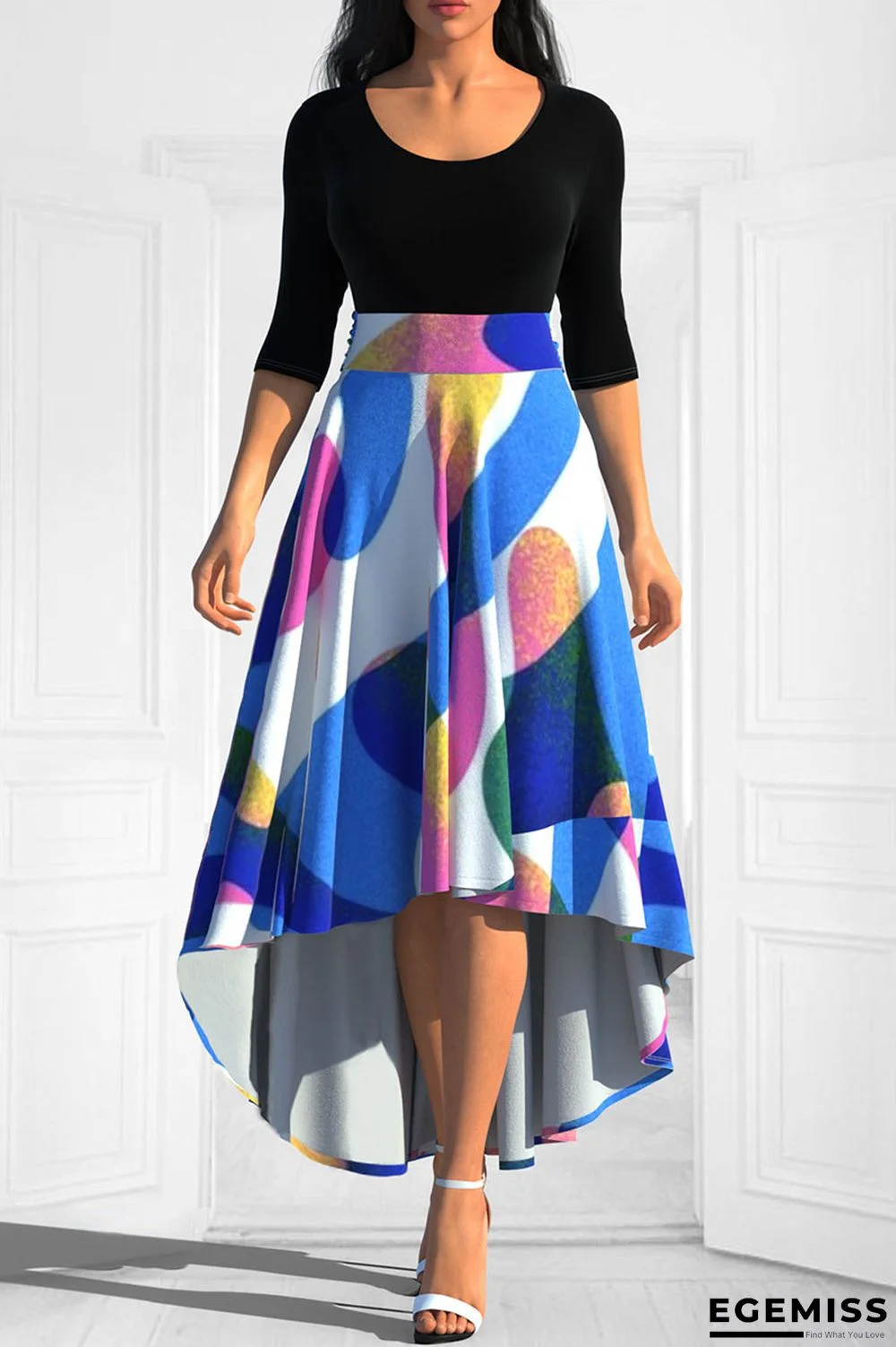 Blue Casual Elegant Print Patchwork Asymmetrical O Neck A Line Dresses | EGEMISS