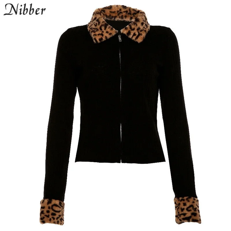 Nibber Fashionable High Quality Fur Coat Tops Women Autumn Winter Elegant Sexy Streetwear Black Rib knit Pullover Jacket Female