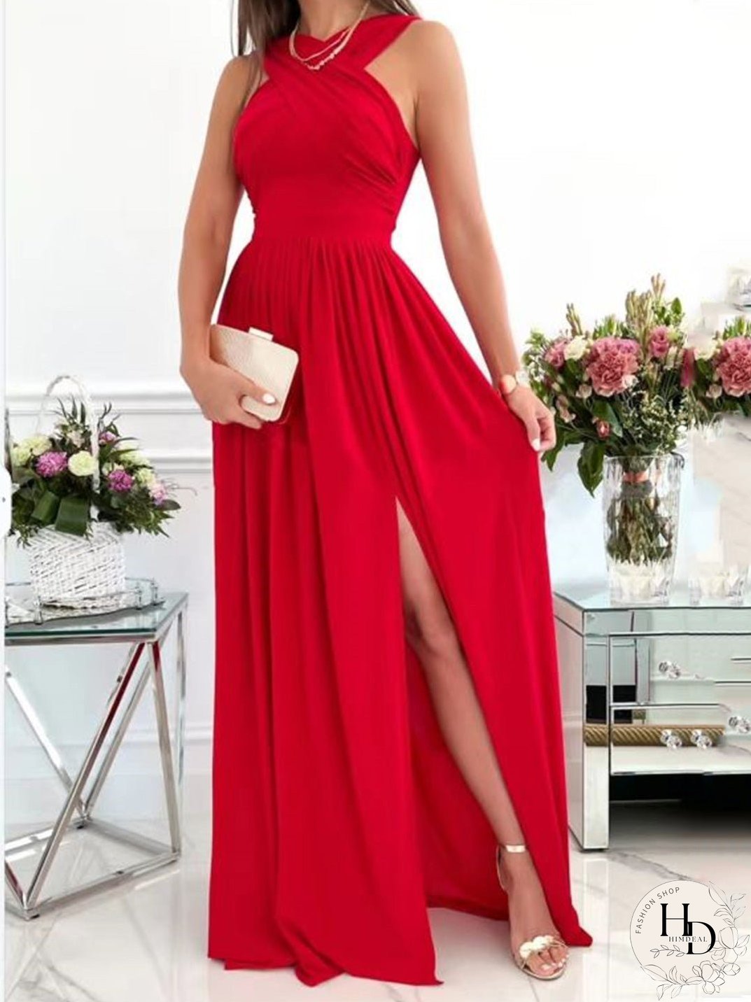 Dresses Halterneck Open Back Sleeveless Slit Dress for Women