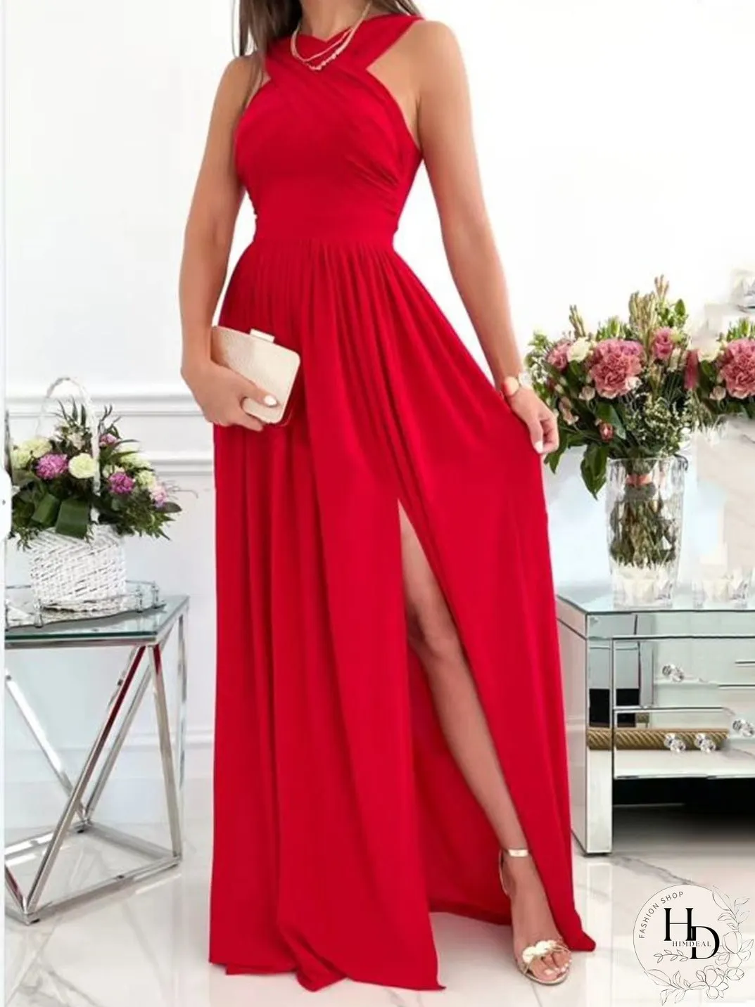 Dresses Halterneck Open Back Sleeveless Slit Dress for Women
