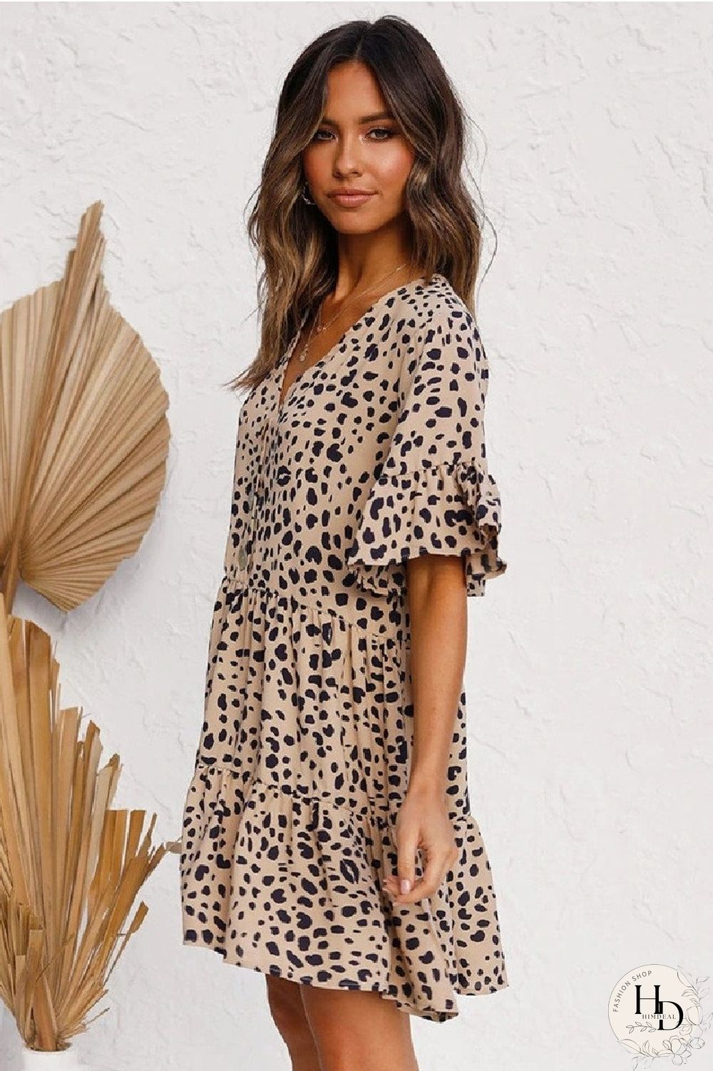 KarliDress Leopard Print V Neck Casual Wear Dress P12627
