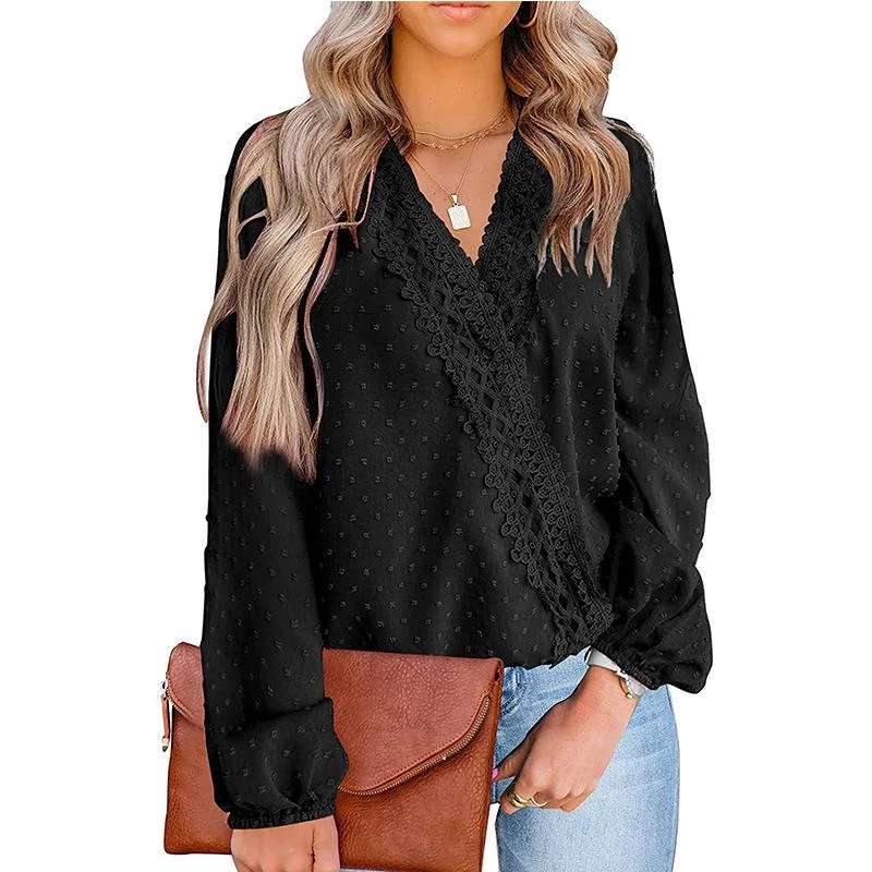 Loose Blouses For Women Fashion Lace Patchwork V Neck Long Sleeve Office Work Shirts Tops Lady Oversized Casual Chiffon Blouse