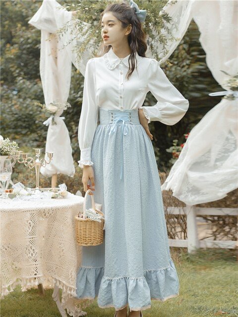 Sweet Princess Lantern Sleeve White Shirt+Light Blue Long Skirt Set BE647
