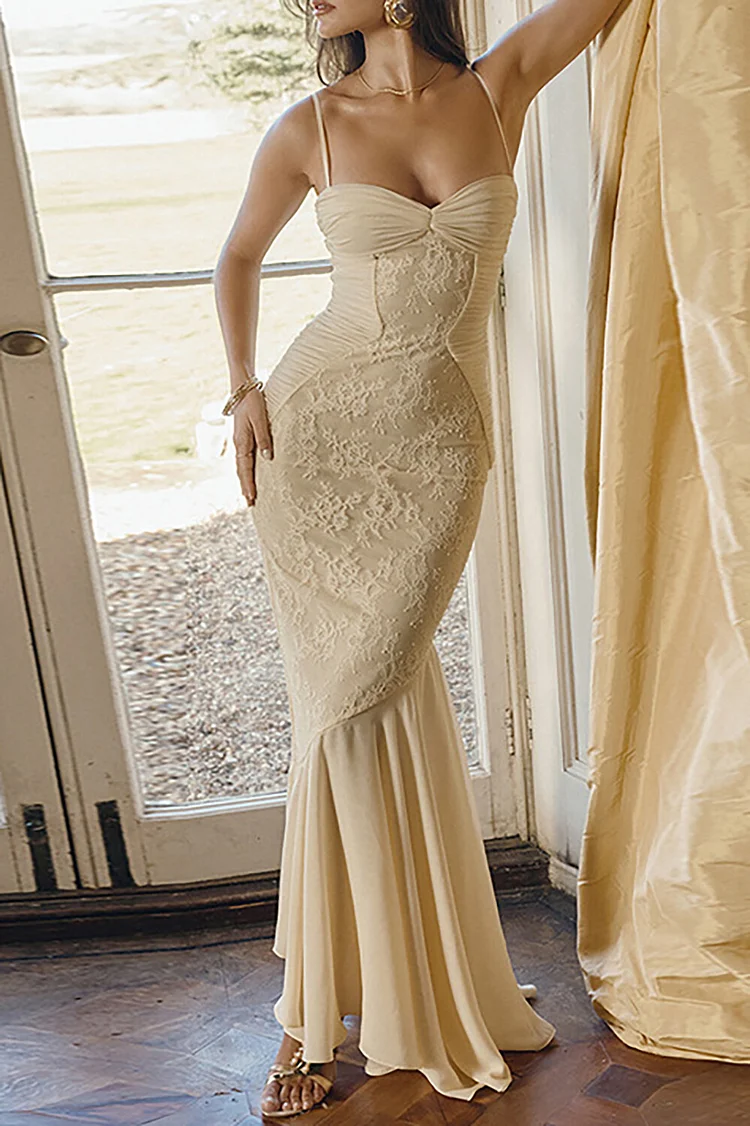 Jacquard Lace Patchwork Ruched Bodycon Fishtail Hem Slip Maxi Dresses-Beige