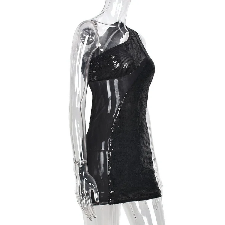 Promsstyle One shoulder mesh splice sequin mini dress Prom Dress 2023