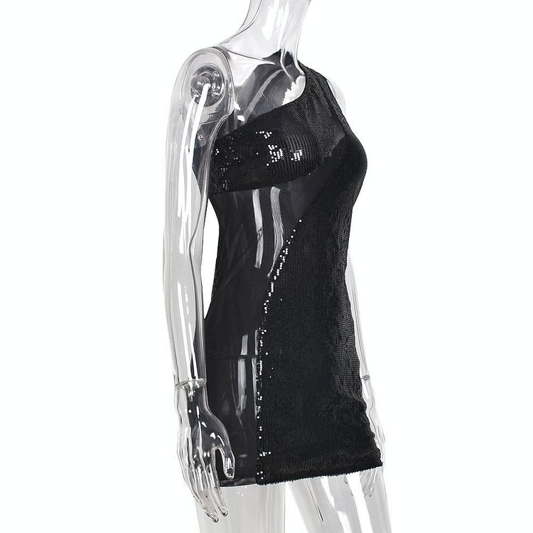 Promsstyle One shoulder mesh splice sequin mini dress