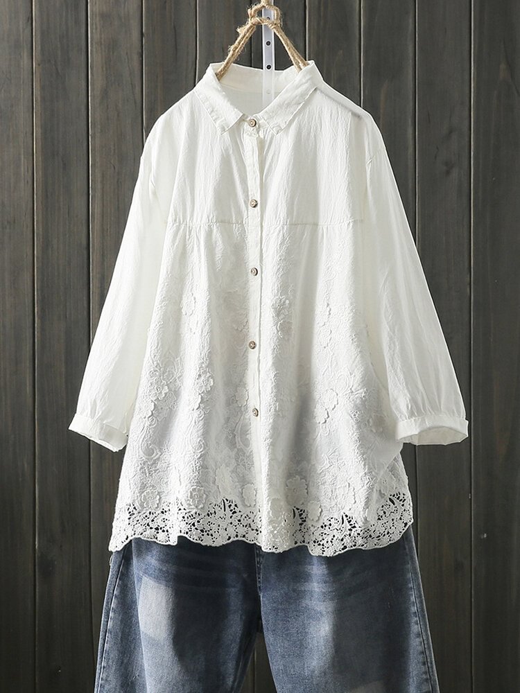 Crochet Lace Hollow Long Sleeve Vintage Shirt For Women P1549174