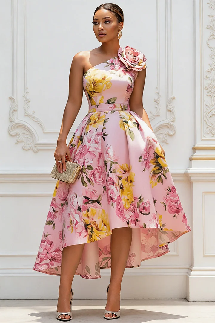 Xpluswear Design Plus Size Wedding Guest Pink Floral One Shoulder 3D Asymmetric Hem Irregular Hem Satin Midi Dresses 2024 - Xpluswear